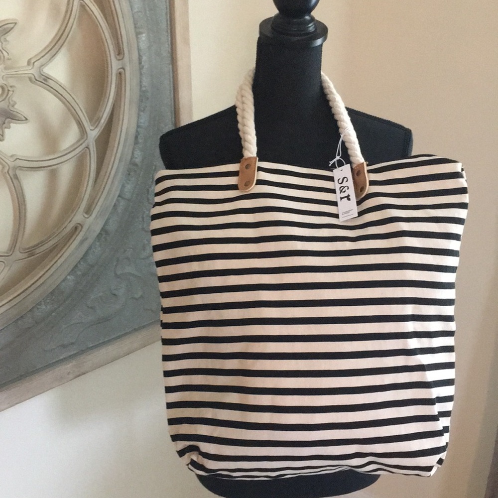 NWT Black & White stripe beach bag